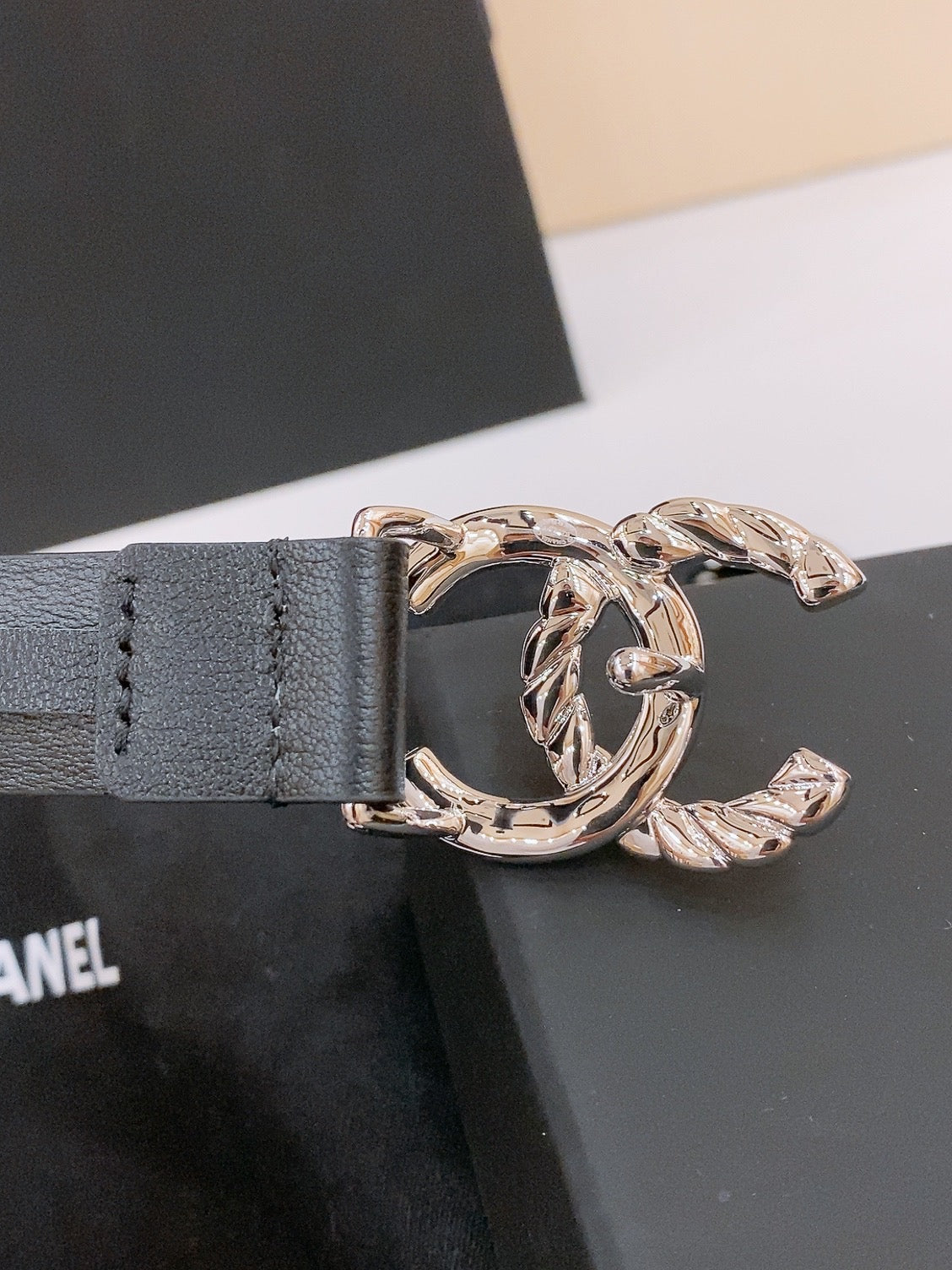 CHANEL DOUBLE C BELT 20MM IN BLACK CALFSKIN WITH SILVER CHAIN INTERWOVEN BUCKLE