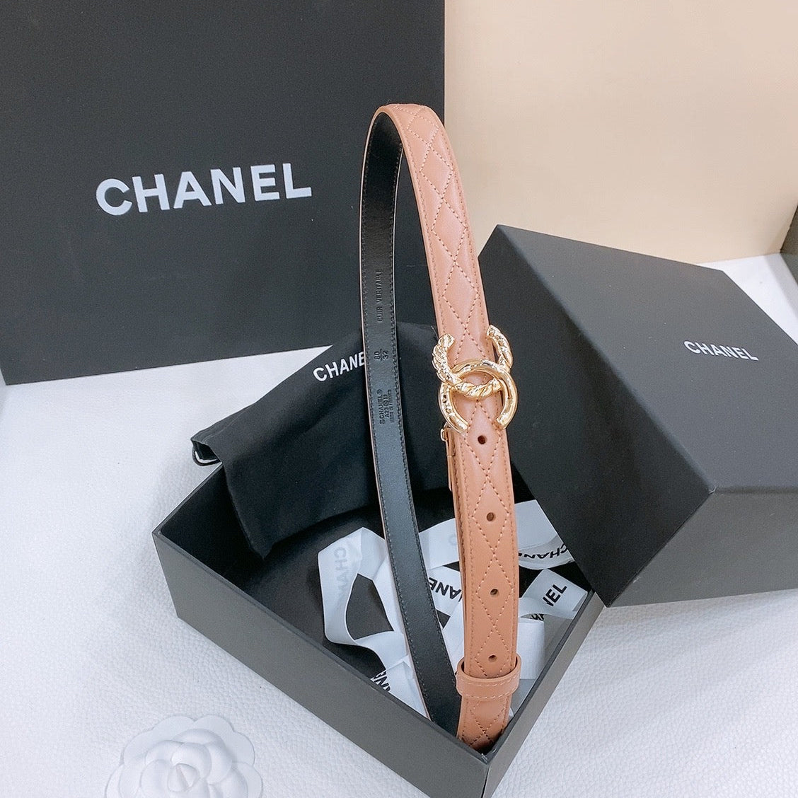 CHANEL DOUBLE C BELT 20MM IN SAVANNA BROWN CALFSKIN WITH QUILTED STITCHING SPIRAL GOLD BUCKLE