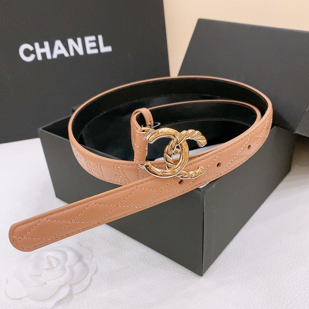CHANEL DOUBLE C BELT 20MM IN SAVANNA BROWN CALFSKIN WITH QUILTED STITCHING SPIRAL GOLD BUCKLE