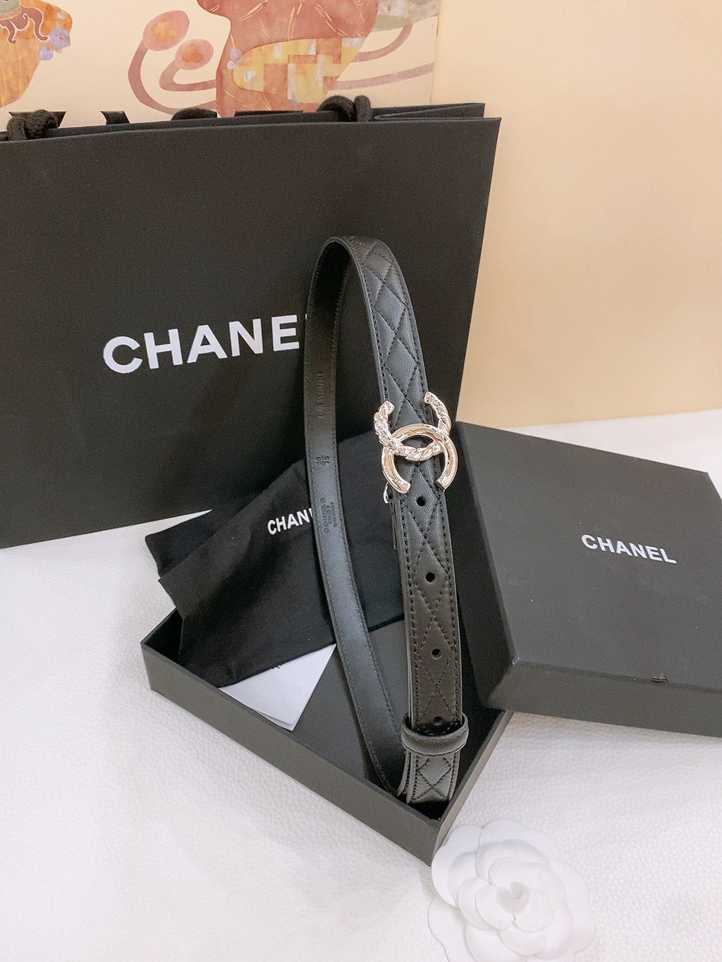 CHANEL DOUBLE C BELT 20MM IN BLACK CALFSKIN WITH QUILTED STITCHING AND SPIRAL SILVER BUCKLE
