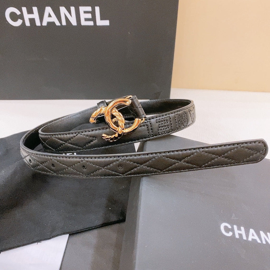 CHANEL DOUBLE C BELT 20MM IN BLACK CALFSKIN WITH QUILTED STITCHING AND SPIRAL GOLD BUCKLE