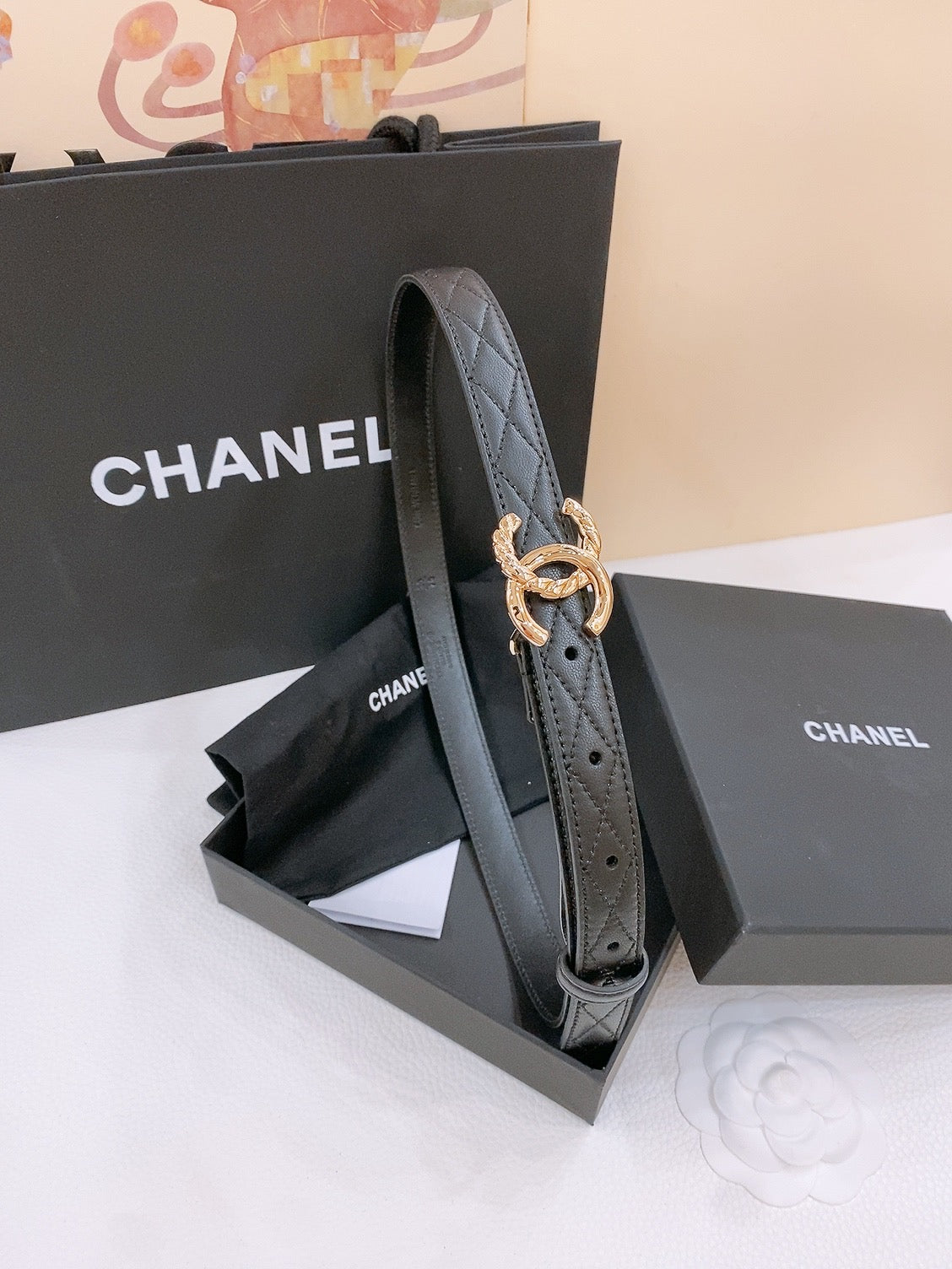 CHANEL DOUBLE C BELT 20MM IN BLACK CALFSKIN WITH QUILTED STITCHING AND SPIRAL GOLD BUCKLE