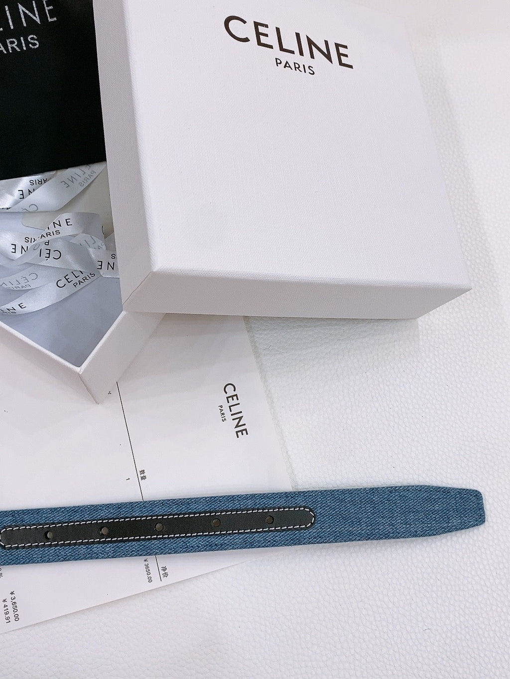 CELINE 25S BELT TRIOMPHE TAURILLON 25MM IN BLACK CALFSKIN AND DENIM 558342