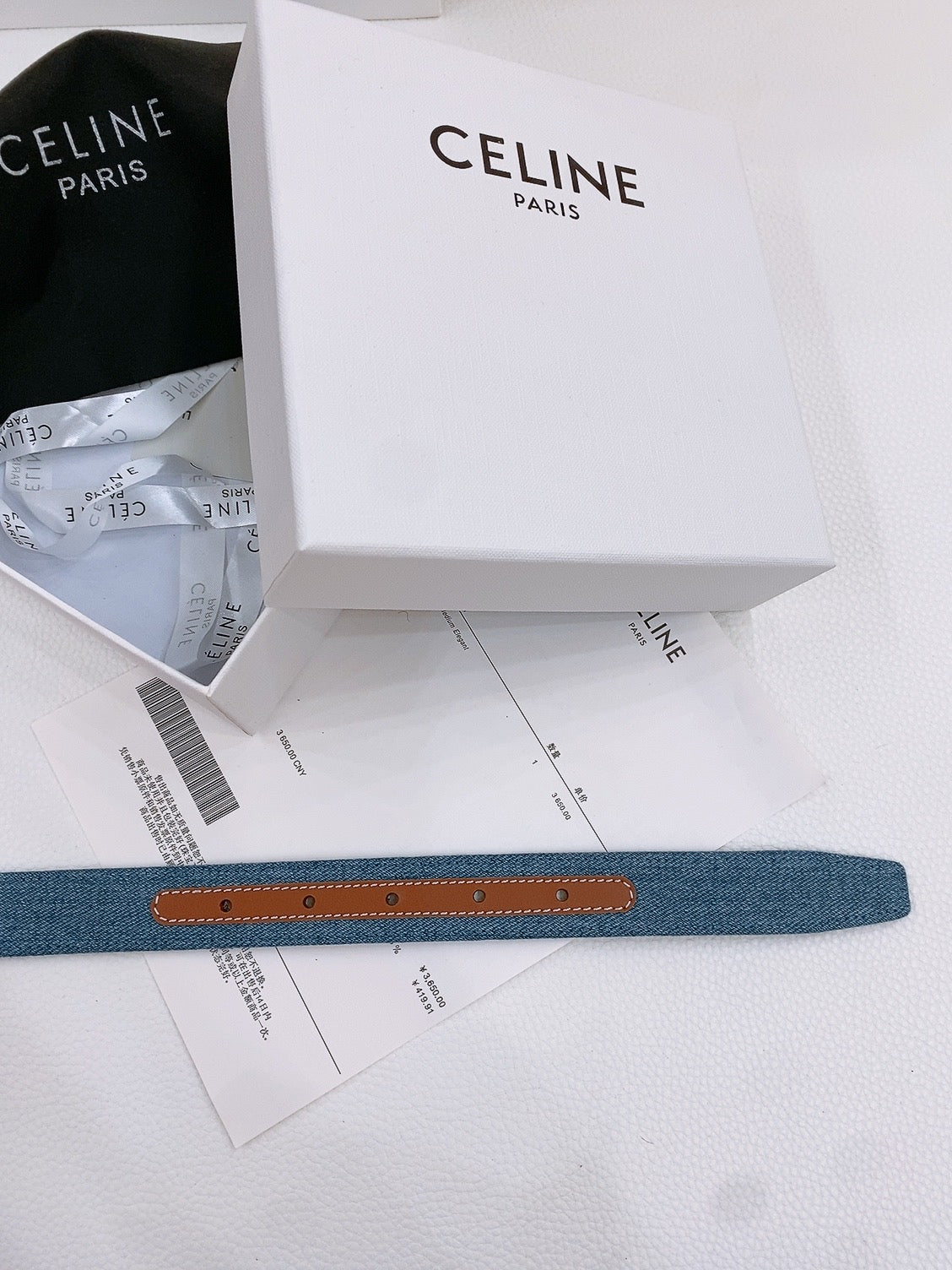 CELINE 25S BELT TRIOMPHE TAURILLON 25MM IN BROWN CALFSKIN AND DENIM 558351