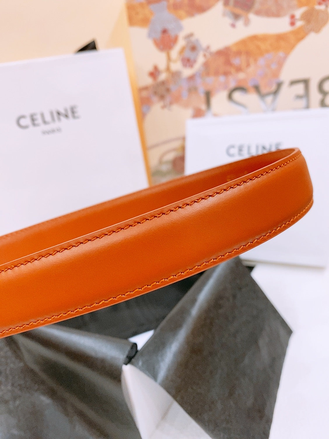CELINE 25S BELT 25MM WITH ARC DE TRIOMPHE BUCKLE IN DARK CARAMEL 571499