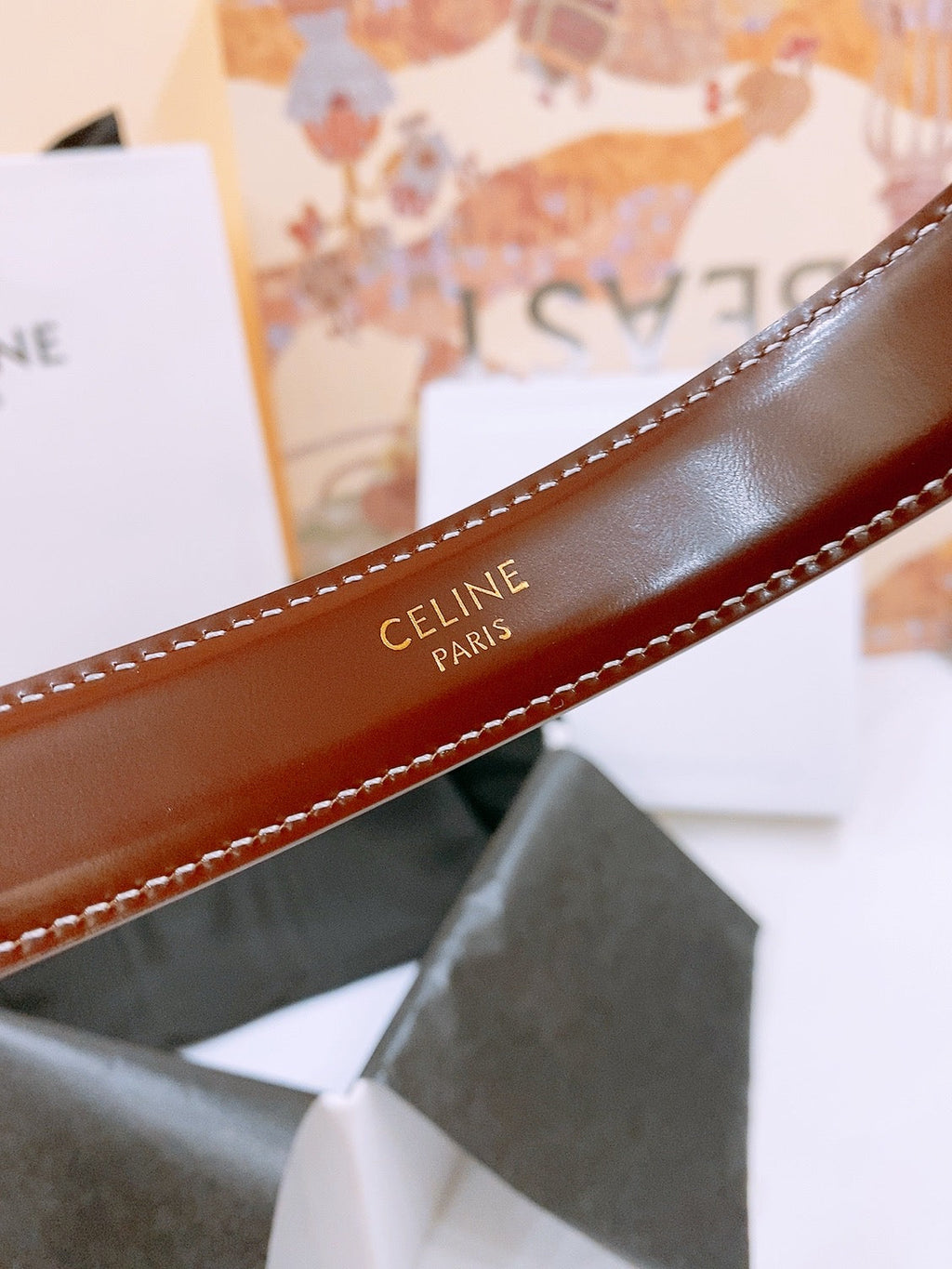 CELINE 25S BELT 25MM WITH ARC DE TRIOMPHE BUCKLE IN BURNT UMBER 571501