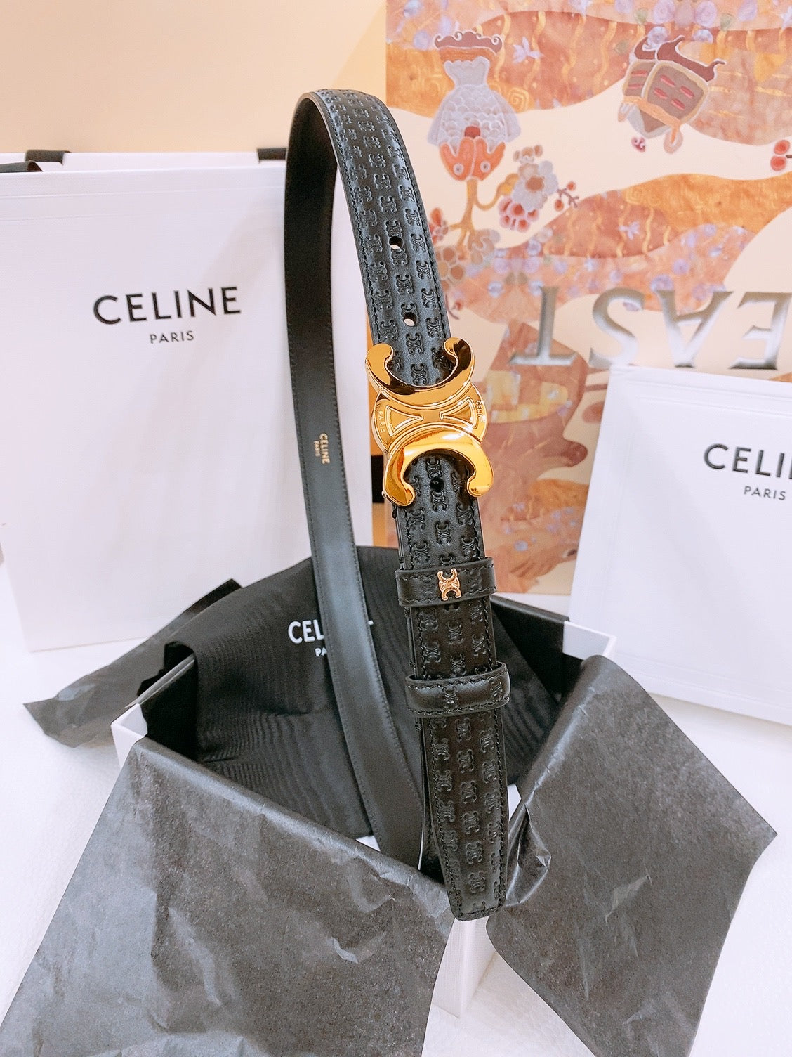 CELINE 25S TRIOMPHE BELT 25MM IN BLACK CALFSKIN DEBOSSED LOGO 570965