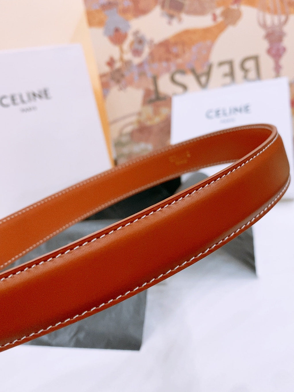 CELINE 25S TRIOMPHE BELT 25MM IN DARK CARAMEL CALFSKIN GOLD HARDWARE 570967